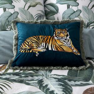 Velvet Tiger Embroidered Cushion Green, Yellow and White