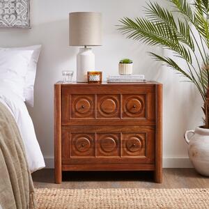 Theodore 2 Drawer Wide Bedside Table, Mango Wood Dark Stained Wood