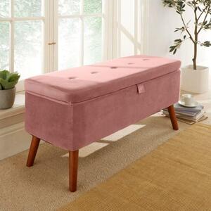 Button Tufted Velvet Storage Bench in Pink