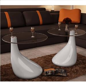 Coffee Table 2 pcs with Round Glass Top High Gloss White