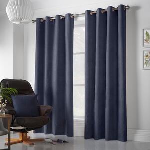 Velvet Chenille Ready Made Eyelet Curtains Navy