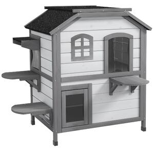 PawHut 2-Storey Indoor or Outdoor Wooden Cat Enclosure Kitty Shelter with Escape Door, Openable Weatherproof & Waterproof Roof, White Aosom UK