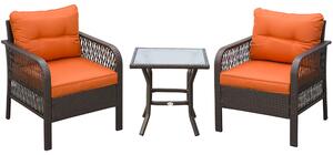 Outsunny 3 Pieces Patio PE Rattan Bistro Set, Outdoor Wicker Coffee Table Armrest Chairs Thick Padded Conversation Furniture for Garden Orange