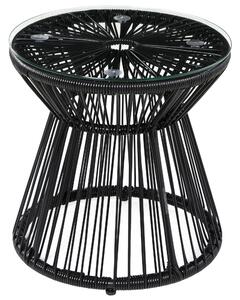 Outsunny Round End Table, Rattan Side Table, Hollow Drum Design Coffee Table w/ Glass Tabletop for Patio, Garden, Balcony Black