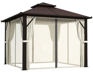 Outsunny 3 x 3(m) Hardtop Gazebo Canopy with UPF30+ Double Polycarbonate Roof, Aluminium Frame Garden Gazebo Permanent Pavilion with Mosquito Netting and Curtains for Patio, Deck, Beige