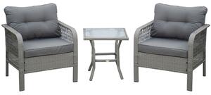 Outsunny 2 Seater Patio PE Rattan Bistro Set, Outdoor Wicker Coffee Table Armrest Chairs Conversation Furniture w/ Cushion, Grey