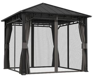 Outsunny 3 x 3(m) Hardtop Gazebo with Galvanised Steel Roof and Water Gutter, Waterproof Permanent Pavilion Garden Gazebo with Netting and Curtains for Patio, Deck