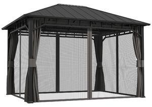 Outsunny 3 x 4m Hardtop Gazebo with Galvanised Steel Roof and Water Gutter, Waterproof Permanent Pavilion Garden Gazebo with Netting and Curtains for Patio, Deck