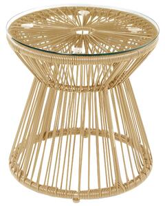 Outsunny Round End Table, Rattan Side Table, Hollow Drum Design Coffee Table w/ Glass Tabletop for Patio, Garden, Balcony Natural
