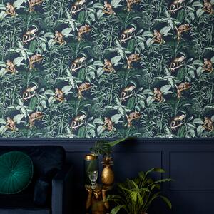 Jungle Luxe Navy Wallpaper Navy Blue/White/Pink