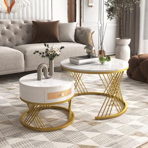 2-in-1 Marble Coffee Table Set with Marble Grain Veneer Top, Rattan Drawers and Solid Wood Handles, Mental Legs, 70x70x45.5 cm, White+Gold Aosom.UK