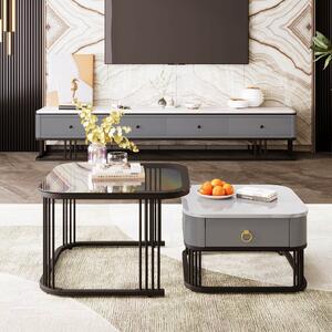 Nestable Marble and Glass Coffee Table Set of 2, High-Gloss Tabletops with Black Metal Legs and Drawers, 60x60x42 cm + 50x50x33.5 cm, Black Aosom.UK