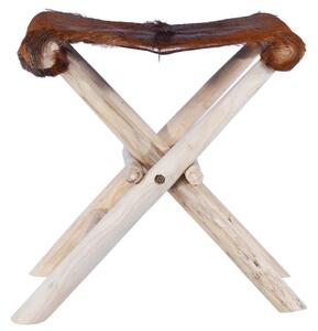 Folding Stool Real Leather and Solid Teak Wood