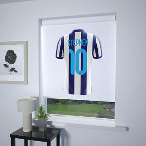 Football Personalised Roller Blind Blue and White Stripe (White Background)