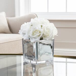 Artificial Roses White in Silver Pot 23cm White and Silver