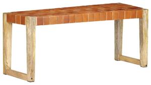 Bench 110 cm Brown Real Leather and Solid Mango Wood