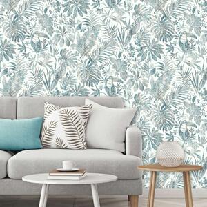 DUTCH WALLCOVERINGS Wallpaper Leaves and Toucan Blue