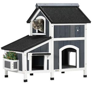 PawHut Wooden Cat House Outdoor with Flower Pot, 2 Tiers Cat Shelter with Window, Multiple Entrances, Water-resistant Roof, Grey