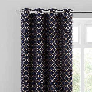 Chenille Ogee Navy Eyelet Curtains Navy Blue/Brown
