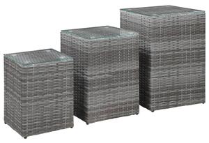 Side Tables 3 pcs with Glass Top Grey Poly Rattan