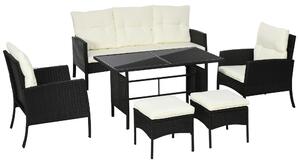Outsunny 5 Seater Rattan Garden Furniture Set Wicker Sofa Armchairs Footstools and Glass Table Patio Rattan Sofa Sets with Cushions, Black