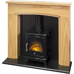 Adam Turin Fireplace Surround & Aviemore Electric Stove with Flat to Wall Fitting - Oak & Black