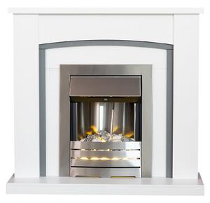 Adam Chilton in White & Grey with Helios Electric Fire in Brushed Steel
