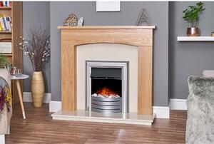 Adam Bretton Fireplace Surround & Lynx Electric Fire with Flat to Wall Fitting - Oak, Beige Marble & Chrome