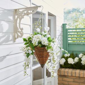 Artificial White Floral Brown Rattan Hanging Basket White