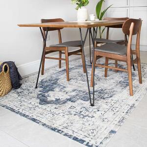 Blue Traditional Distressed Flat Low Pile Room Rug - Abella - 60cm x 110cm