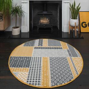 Round Circle Ochre Patchwork Rug - Milan - 120cm x 120cm