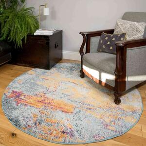 Round Circle Gold Blue Distressed Living Room Rug - Oscar - 120cm x 120cm