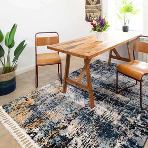 Blue Artwork Distressed Colourful Living Room Rugs - Souk - 60cm x 110cm