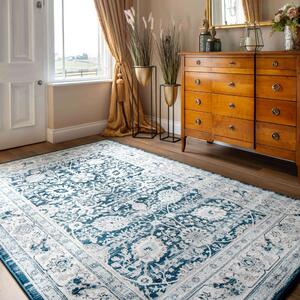 Vintage Traditional Blue Floral Living Room Rug - Catalina - 60cm x 110cm