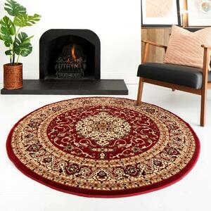 Traditional Red Bordered Round Rug - Jasmine - 133cm x 133cm Circle
