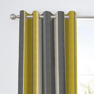 Fusion Whitworth Striped Ochre Eyelet Curtains Yellow, Grey and White