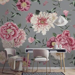 Vintage Floral Grey Mural Grey/Green/Pink