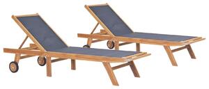Folding Sun Loungers with Wheels 2 pcs Solid Teak and Textilene