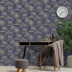 DUTCH WALLCOVERINGS Wallpaper Tropical Trees Navy Blue and Silver