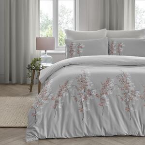 Oriental Flower Grey Blush Duvet Cover and Pillowcase Set Grey