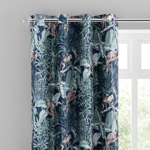 Jungle Luxe Navy Chenille Eyelet Curtains Navy Blue/Green/Brown