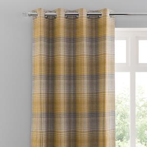 Logan Check Ochre Eyelet Curtains Yellow, Brown and White