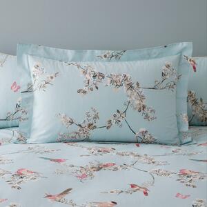 Beautiful Birds Duck-Egg Oxford Pillowcase Blue, Pink and White