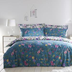 Fleur Teal Duvet Cover and Pillowcase Set Blue, Purple and Yellow