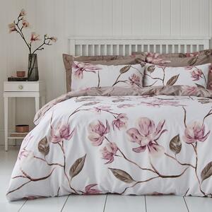 Lois Large Floral Pink Duvet Cover and Pillowcase Set Pink, Brown and White
