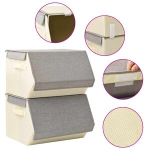 Stackable Storage Boxes with Lid Set of 2 pcs Fabric Grey&Cream
