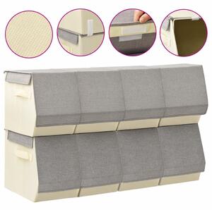 Stackable Storage Boxes with Lid Set of 8 pcs Fabric Grey&Cream