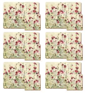 Set of 4 Wild Field Poppies Placemats and Coasters Red, Beige and Green