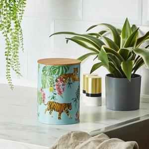 Metal Canister with Bamboo Lid Tiger Tropics Green
