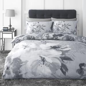 Catherine Lansfield Dramatic Floral Silver Reversible Duvet Cover and Pillowcase Set Silver